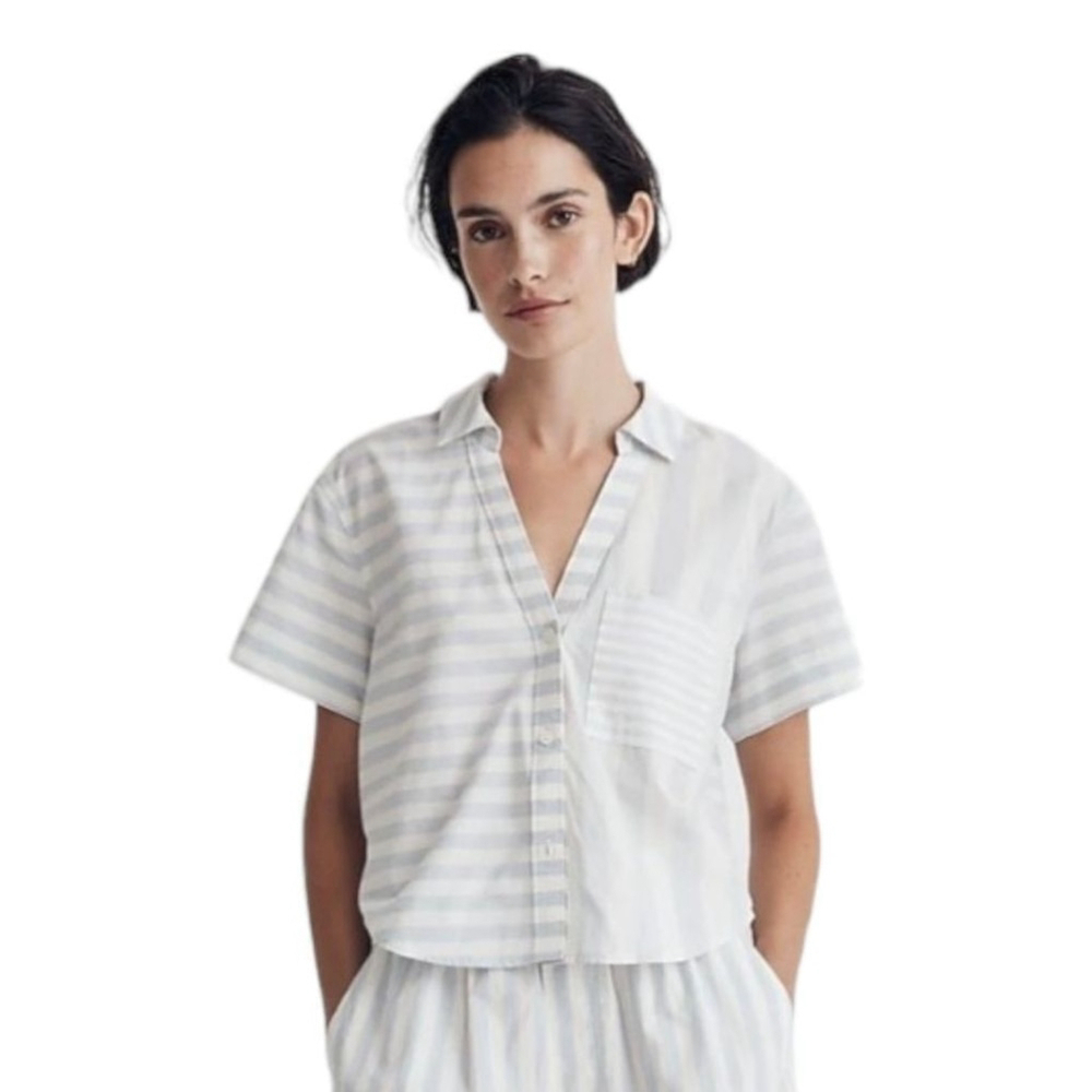 Madewell Oversized Cropped Button Up Shirt Xs Weathered Blue Stripe Summer Nwt